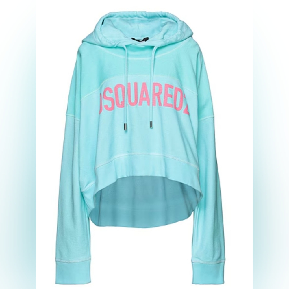 DSQUARED 2 Hooded Logo Print Sweatshirt • LARGE Aqua Blue | Pink Logo NWT